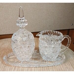 Vintage Crystal Sugar Creamer and Saucer Set with Tray